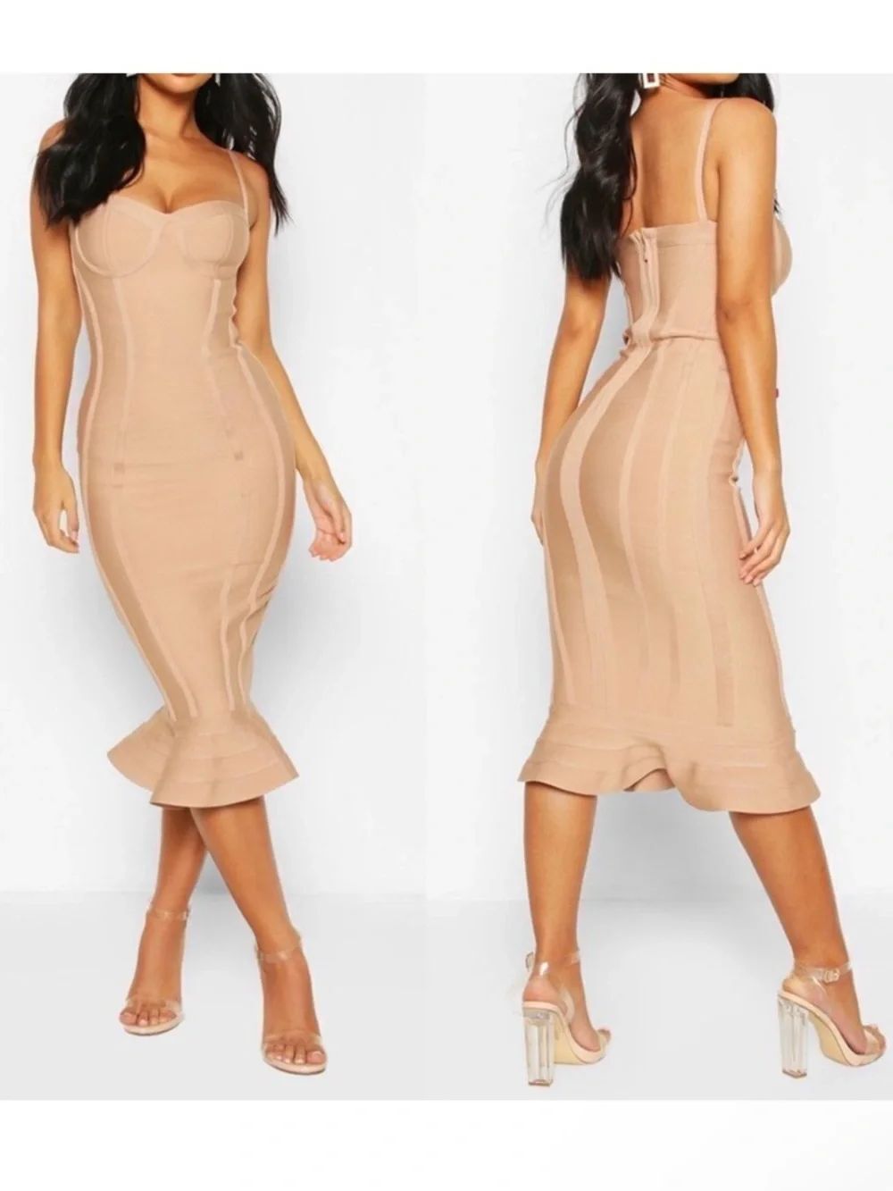 NWT BOOHOO Petite Bandage Frill Hem Midi Dress 10